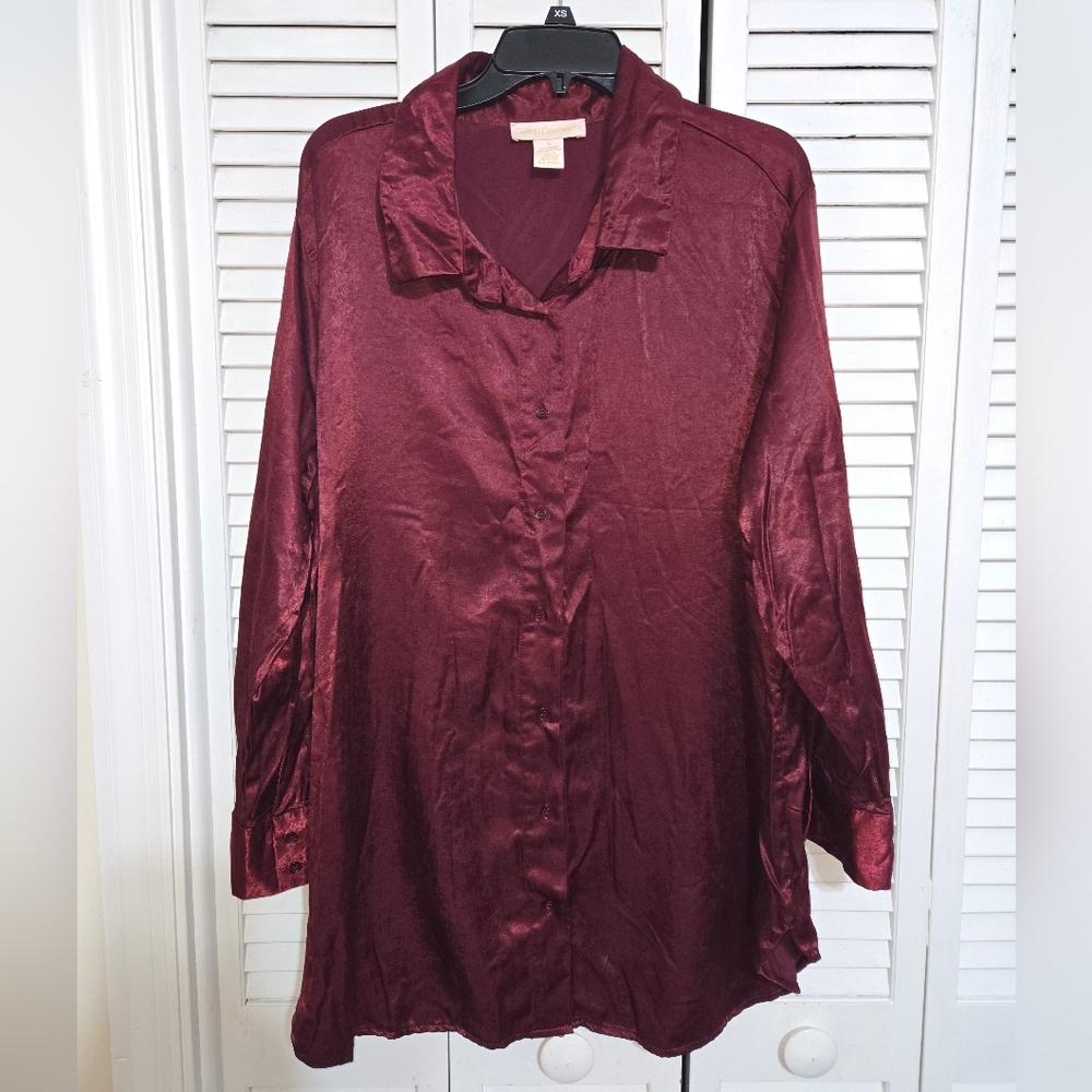Emma's Expressions XL Burgundy Satin Button-Up Top